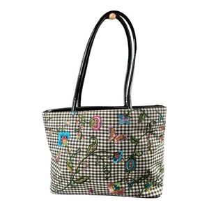 Floral Embroidered Gingham Tote Bag Black Cottagecore Whimsical Butterfly Extras